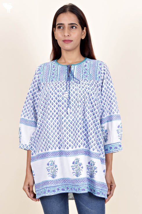 Cambric Cotton Top in Floral Block Print