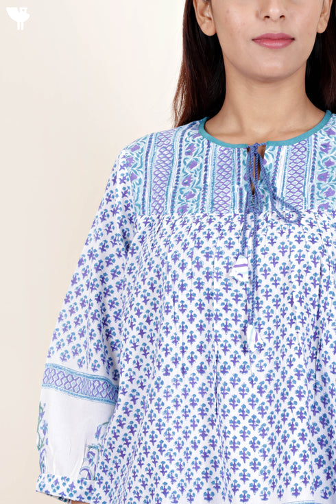 Cambric Cotton Top in Floral Block Print