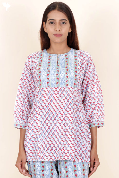 Cambric Cotton Top in Floral Block Print