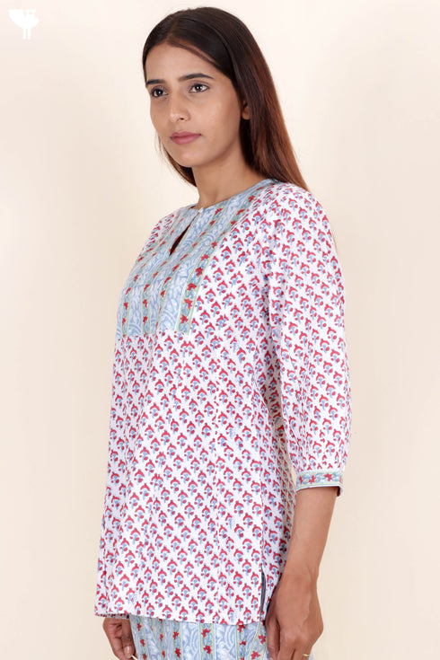 Cambric Cotton Top in Floral Block Print