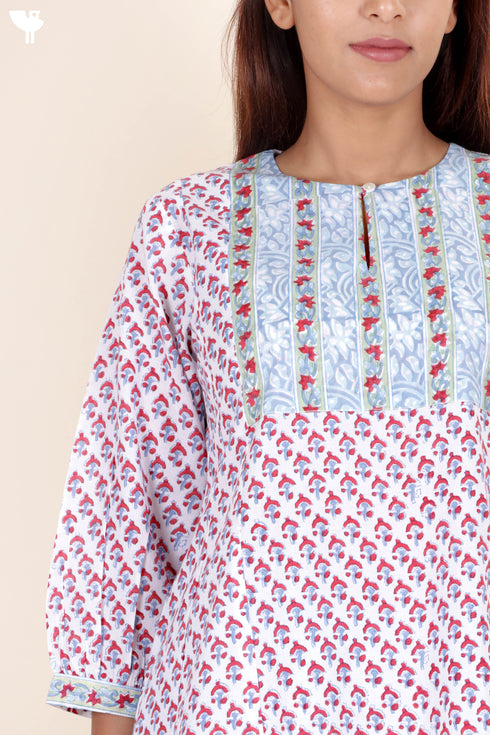 Cambric Cotton Top in Floral Block Print