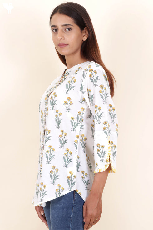 Cambric Cotton Button Down Top In Floral Block Print
