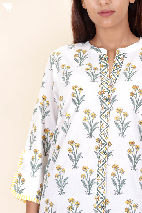 Cambric Cotton Button Down Top In Floral Block Print