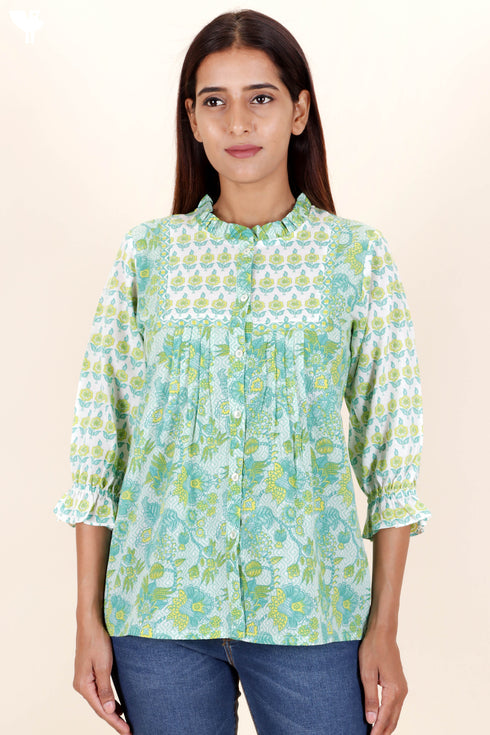 Cambric Cotton Peasant Top In Floral Print