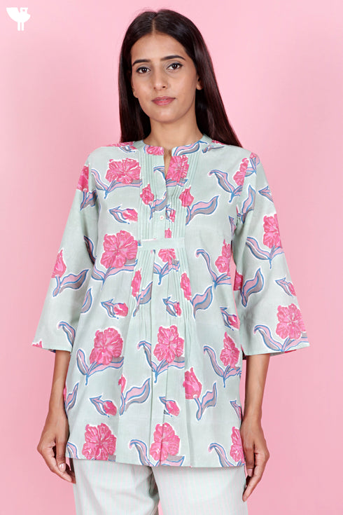 Cambric Cotton Top in Floral Block Print
