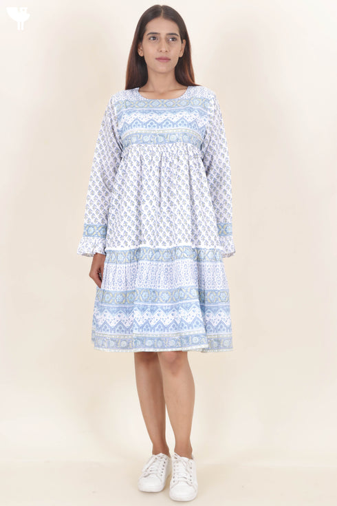 Cambric Cotton Short Tiered Dress In Block Print