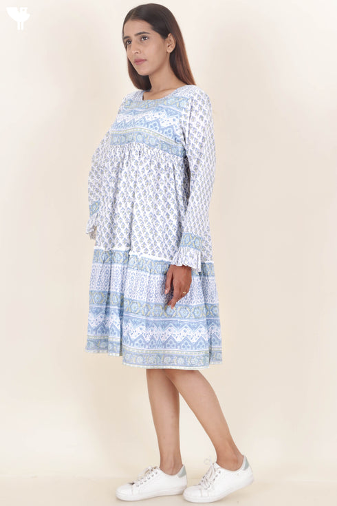 Cambric Cotton Short Tiered Dress In Block Print