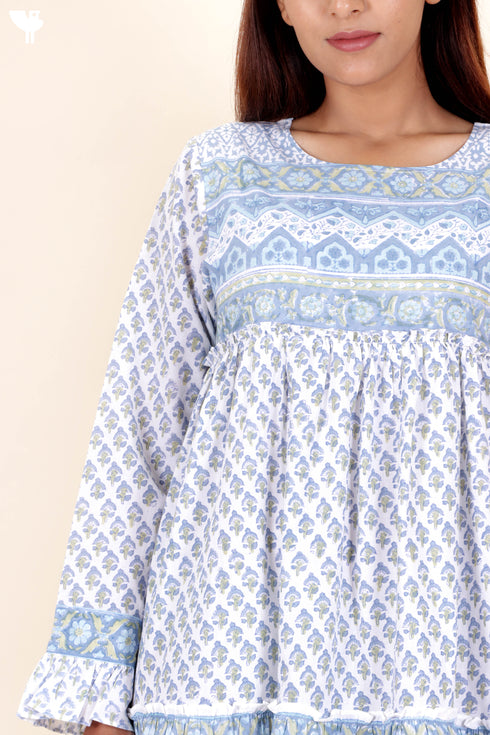 Cambric Cotton Short Tiered Dress In Block Print