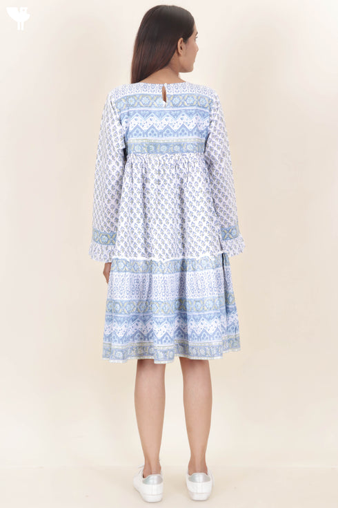 Cambric Cotton Short Tiered Dress In Block Print