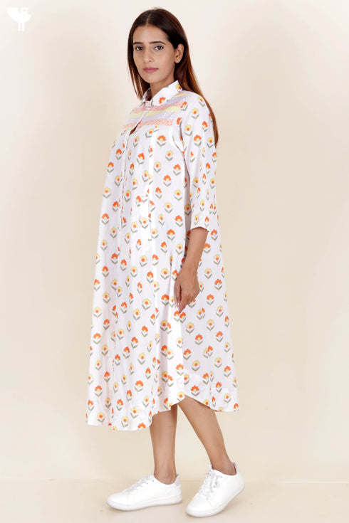 Cambric Cotton Dress In Floral Block Print