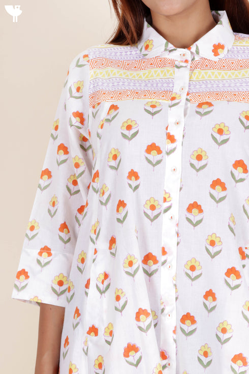 Cambric Cotton Dress In Floral Block Print