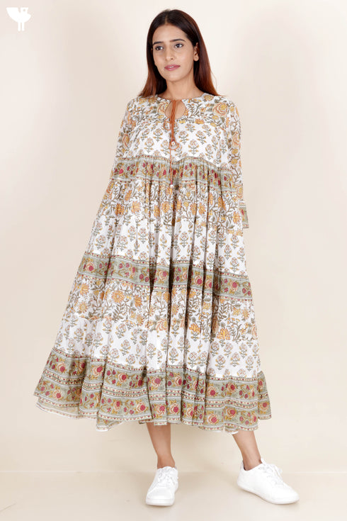 Mulmul Cotton Tiered Dress In Assorted Block Print