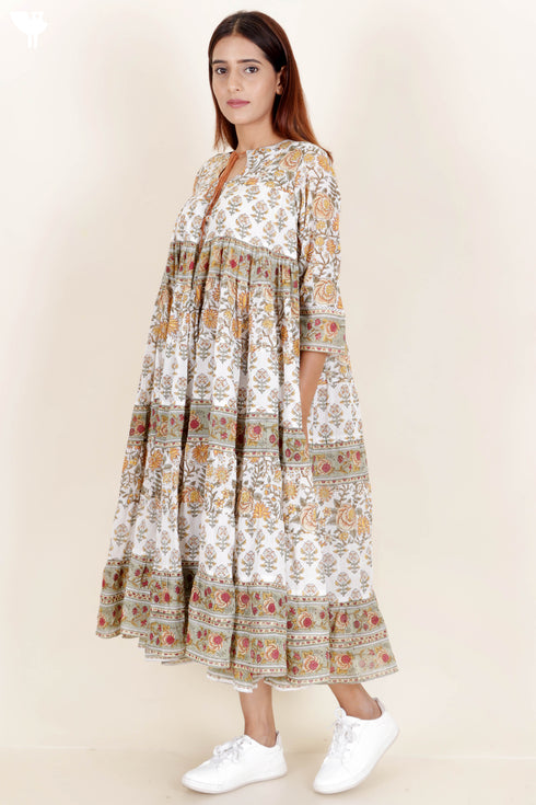 Mulmul Cotton Tiered Dress In Assorted Block Print