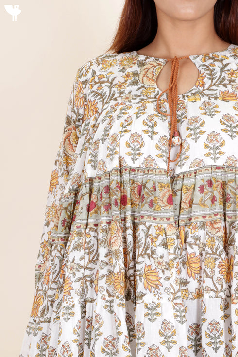 Mulmul Cotton Tiered Dress In Assorted Block Print