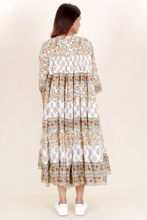 Mulmul Cotton Tiered Dress In Assorted Block Print