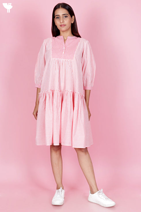 Cambric Cotton Midi Dress In Striped Print