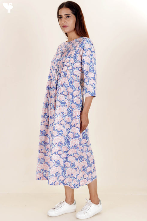 Cambric Cotton Dress In Floral Block Print