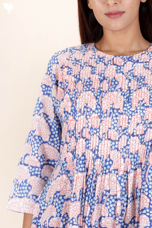 Cambric Cotton Dress In Floral Block Print