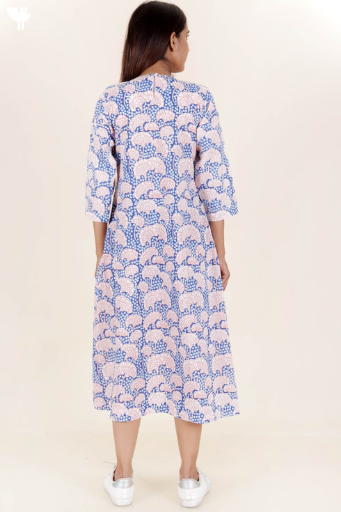 Cambric Cotton Dress In Floral Block Print