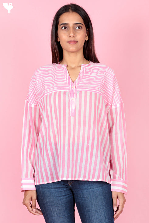 Mulmul Cotton Top In Striped Block Print