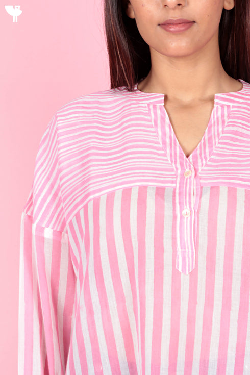 Mulmul Cotton Top In Striped Block Print