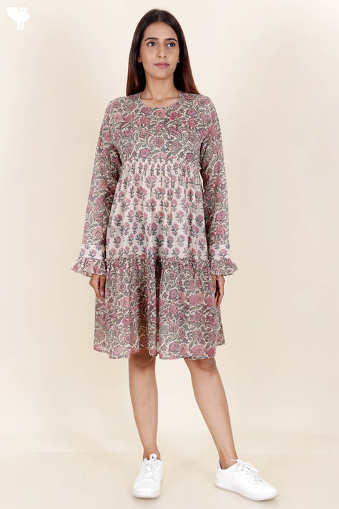 Mulmul Cotton Tiered Dress in Block Print