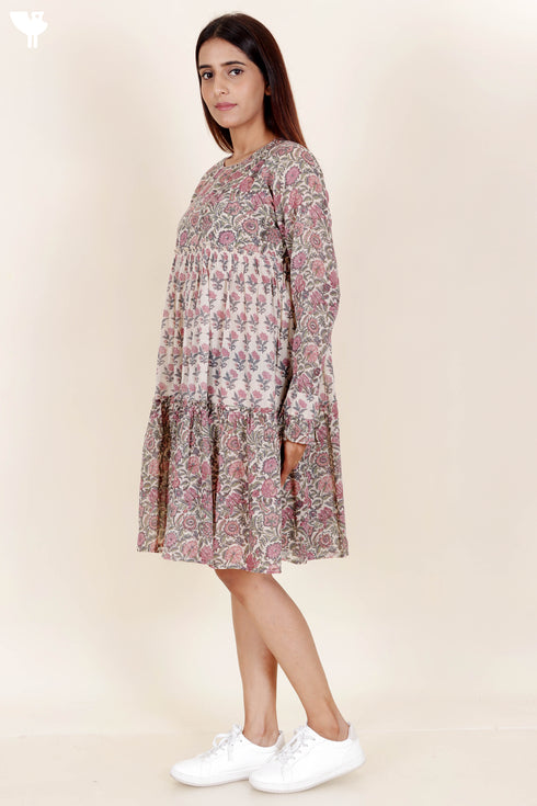 Mulmul Cotton Tiered Dress in Block Print