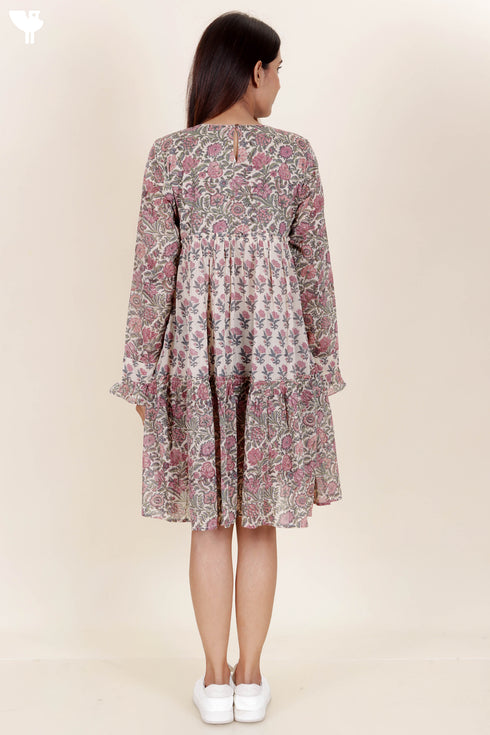 Mulmul Cotton Tiered Dress in Block Print
