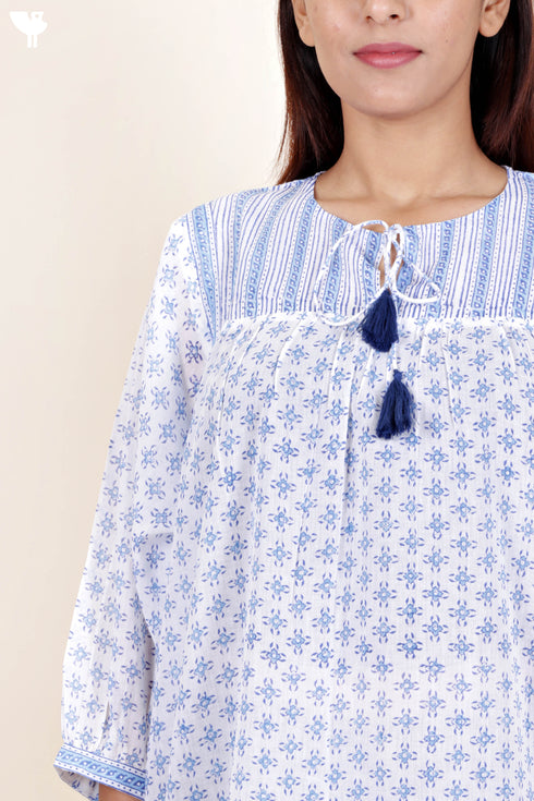 Mulmul Cotton Top In Floral Block Print