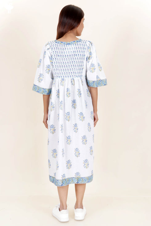 Cambric Cotton Dress In Floral Block Print