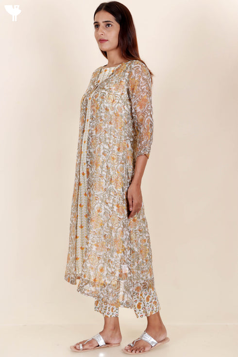 Kota Doria Overlay & Slip Dress In Floral Block Print