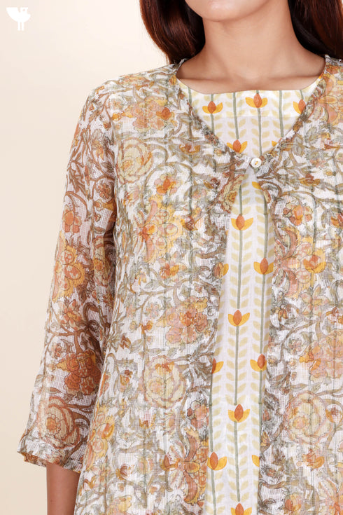 Kota Doria Overlay & Slip Dress In Floral Block Print