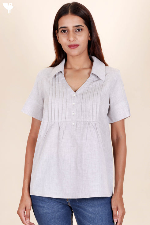 Chambray Cotton Button Down Top in Block Print