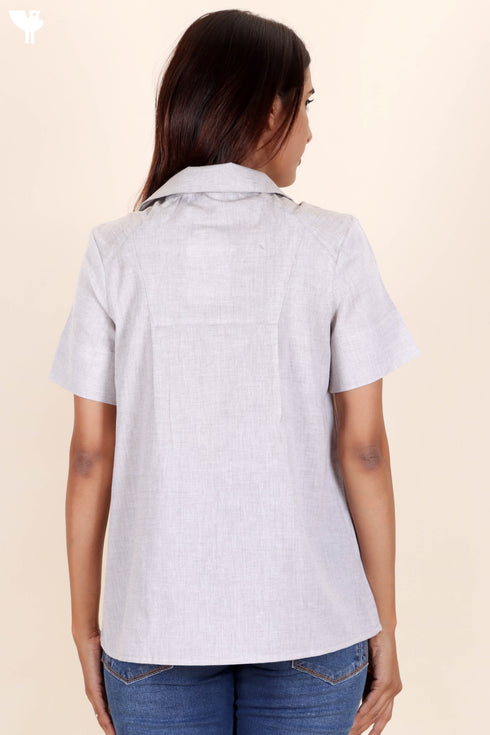 Chambray Cotton Button Down Top in Block Print