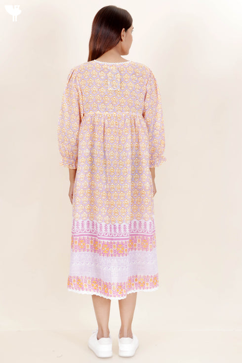 Mulmul Cotton Dress In Floral Block Print