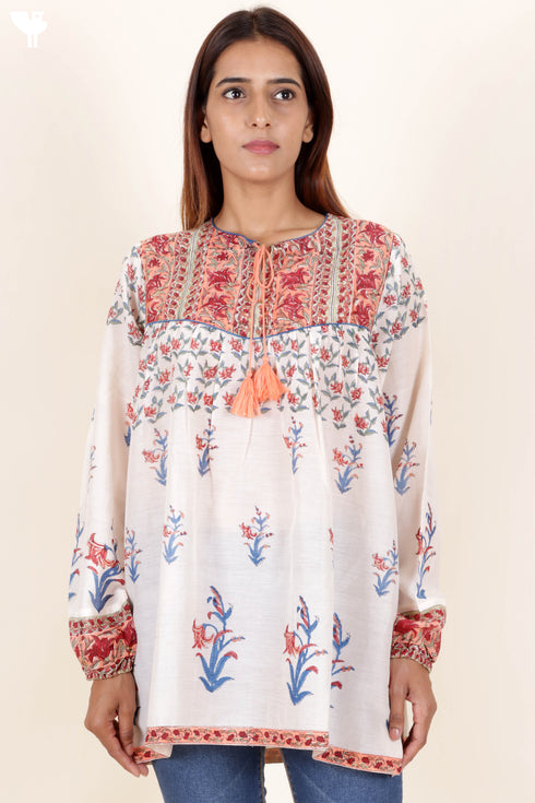Cotton Silk Peasant Top In Floral Block Print