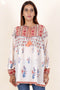 Cotton Silk Peasant Top In Floral Block Print