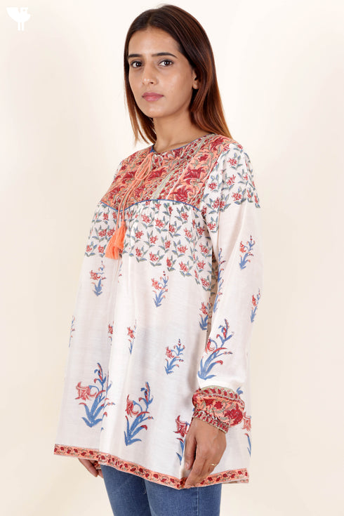 Cotton Silk Peasant Top In Floral Block Print