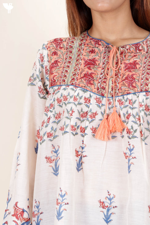 Cotton Silk Peasant Top In Floral Block Print