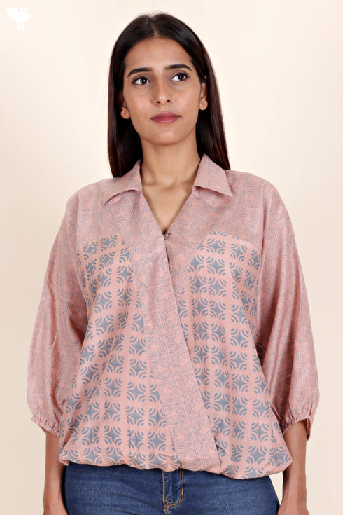 Cotton Silk Wrap Top In Block Print