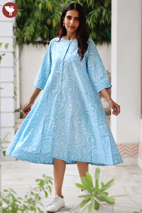 Cambric Cotton Dress In Floral Block Print