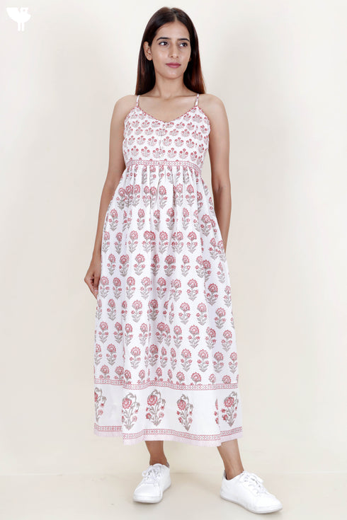 Cambric Cotton Strappy Dress With Block Print
