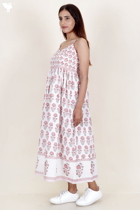 Cambric Cotton Strappy Dress With Block Print
