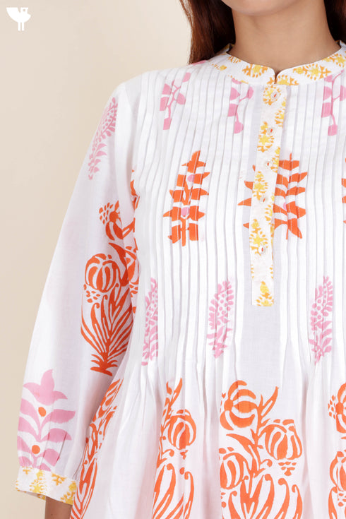 Cambric Cotton Pintuck Top In Block Print