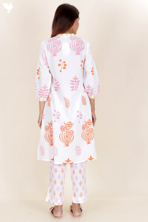 Cambric Cotton Pintucked Kurta In Floral Block Print