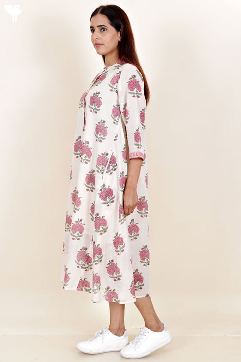 Mulmul Cotton Dress In Floral Block Print
