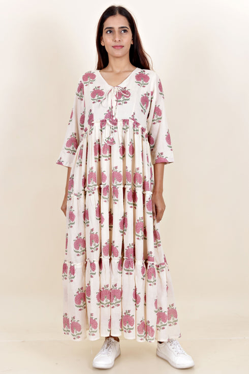 Mulmul Cotton Tiered Dress In Floral Block Print