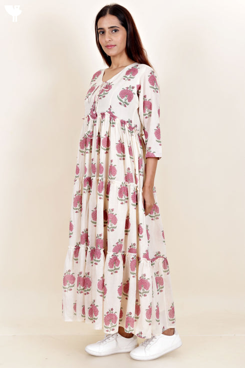 Mulmul Cotton Tiered Dress In Floral Block Print