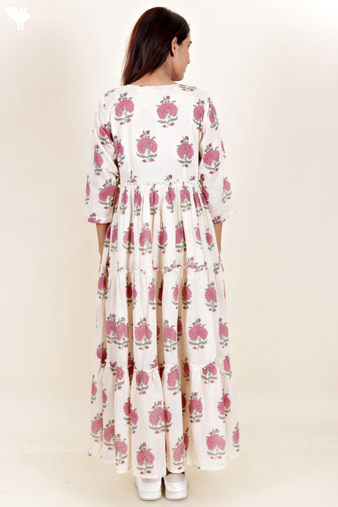Mulmul Cotton Tiered Dress In Floral Block Print