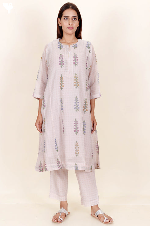 Chanderi Silk Kurta With Slip In Block Print